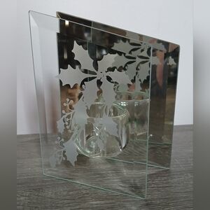 Vtg Christmas Holly Mistletoe Etched Glass Mirror Tealight Votive Candle Holder